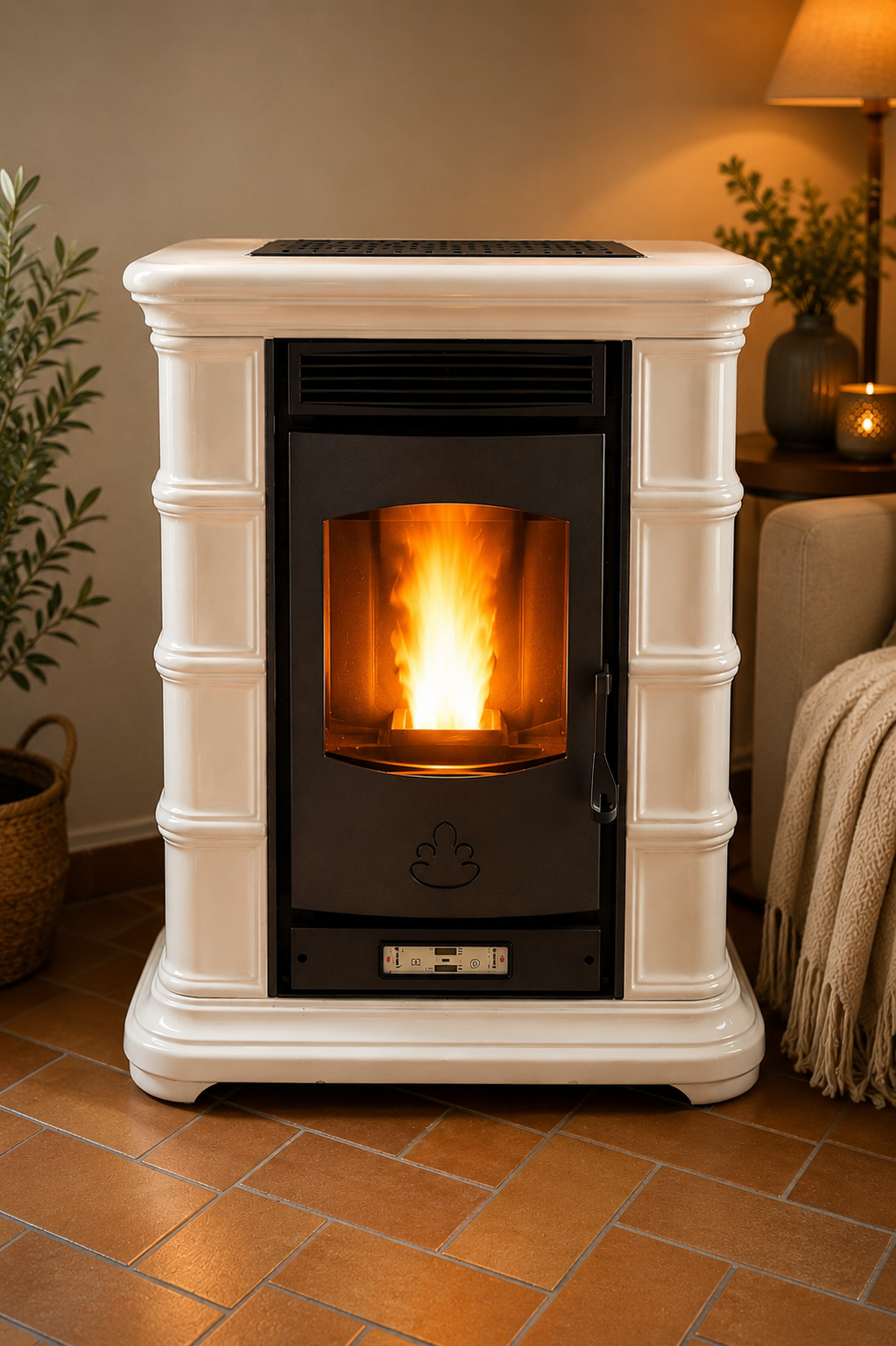 Stufa a pellet in maiolica bianca dal design classico